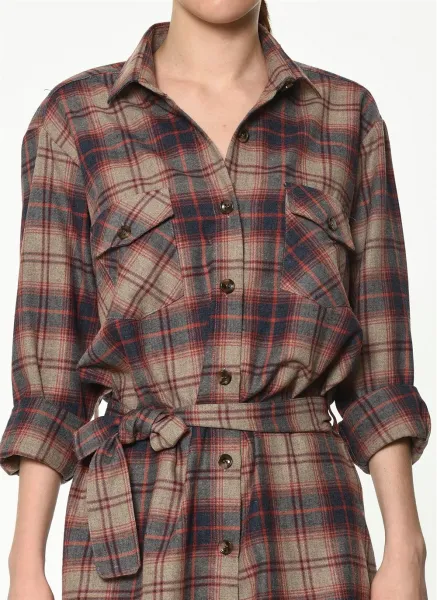 Z6669 DEWBERRY WOMEN'S SHIRT-BEIGE-RED