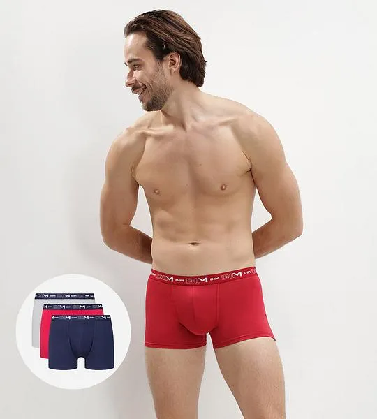DIM COTTON STRETCH BOXER 3x - Pánske boxerky 3 ks - tmavo modrá - tmavo červená - sivá
