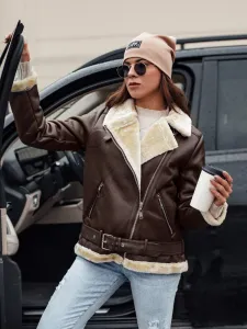 Women's NORFDIMA leather jacket with fur - coffee Dstreet
