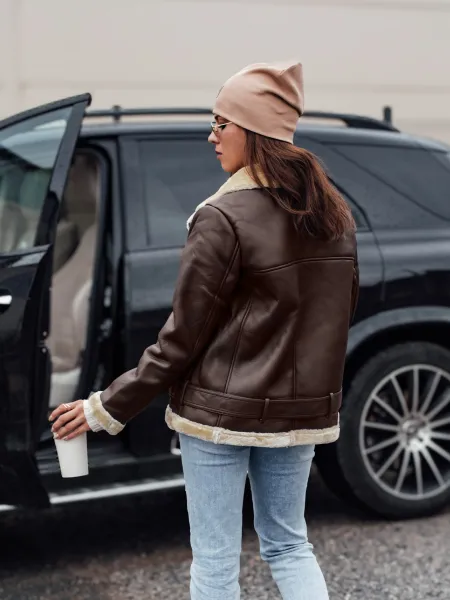 Women's NORFDIMA leather jacket with fur - coffee Dstreet