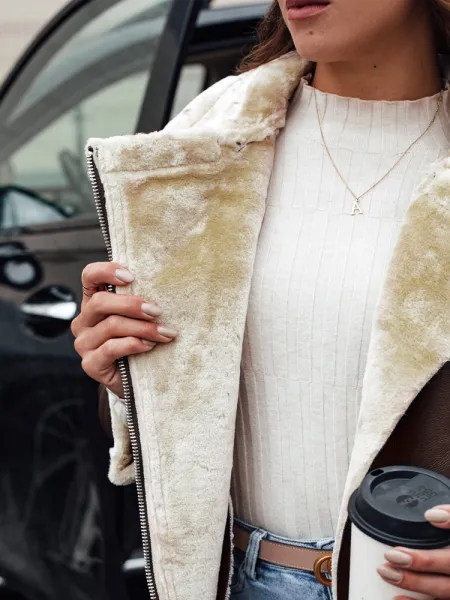 Women's NORFDIMA leather jacket with fur - coffee Dstreet