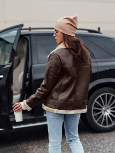 Women's NORFDIMA leather jacket with fur - coffee Dstreet