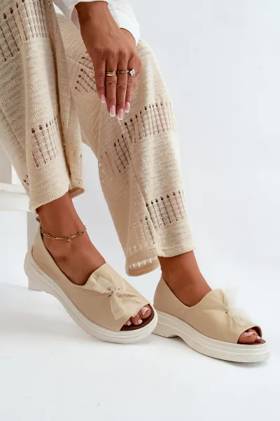 Zazoo 2939 Kožené Dámske Sandále S Mašľou Svetlo Bežové
