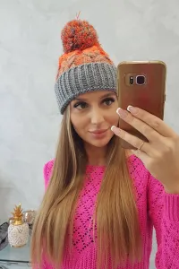 Kesi Dámska čiapka s pomponom Abigail K326 sivá+oranžová neónová