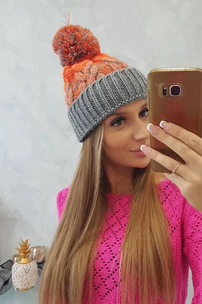 Kesi Dámska čiapka s pomponom Abigail K326 sivá+oranžová neónová