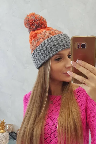 Kesi Dámska čiapka s pomponom Abigail K326 sivá+oranžová neónová