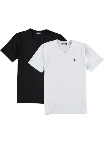 DOUBLE SET T8568 DEWBERRY V-NECK MEN'S T-SHIRT-WHITE-BLACK