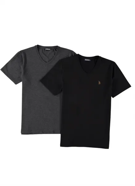 DOUBLE SET T8568 DEWBERRY V-NECK MEN'S T-SHIRT-BLACK-ANTHRACITE