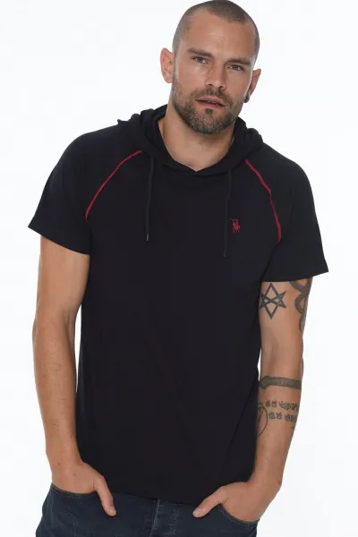 DOUBLE SET T8570 DEWBERRY HOODED MEN'S T-SHIRT-NAVY - BLACK
