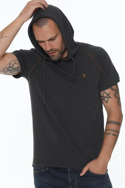 DOUBLE SET T8570 DEWBERRY HOODED MEN'S T-SHIRT-BLACK-ANTHRACITE