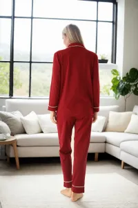 39374 Dewberry Cotton Buttoned Women Pyjama Set-DARK BURGUNDY