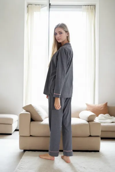 39374 Dewberry Cotton Buttoned Women Pyjama Set-ANTHRACITE
