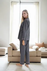 39374 Dewberry Cotton Buttoned Women Pyjama Set-ANTHRACITE