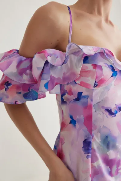 Trendyol Multicolored Bodycon Frilled Floral Patterned Woven Short Elegant Dress