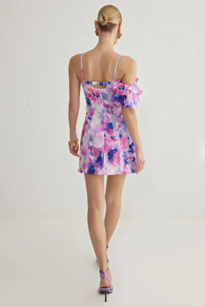 Trendyol Multicolored Bodycon Frilled Floral Patterned Woven Short Elegant Dress