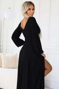 572-2 NELA Shiny Long Dress with Neckline and Long Sleeves - BLACK