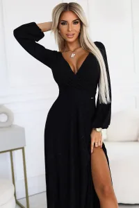 572-2 NELA Shiny Long Dress with Neckline and Long Sleeves - BLACK