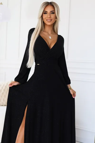 572-2 NELA Shiny Long Dress with Neckline and Long Sleeves - BLACK