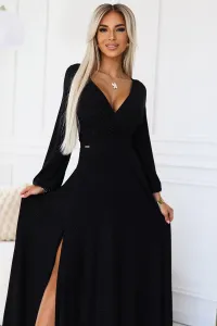 572-2 NELA Shiny Long Dress with Neckline and Long Sleeves - BLACK