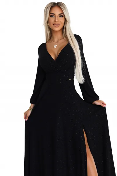 572-2 NELA Shiny Long Dress with Neckline and Long Sleeves - BLACK