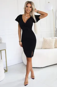 479-9 NINA Elegant dress with crossover neckline, sleeve and belt - BLACK