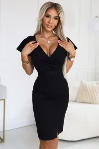 479-9 NINA Elegant dress with crossover neckline, sleeve and belt - BLACK