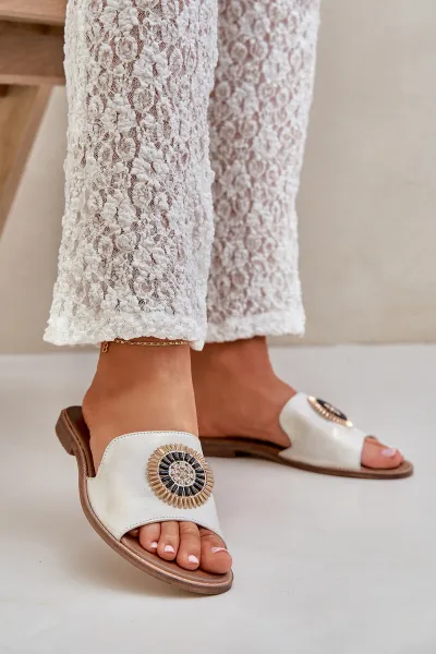 Lewski Shoes Kožené Papuče S Dekoráciou Na Nízkom Opätku Zlaté Ošúchané Lewski