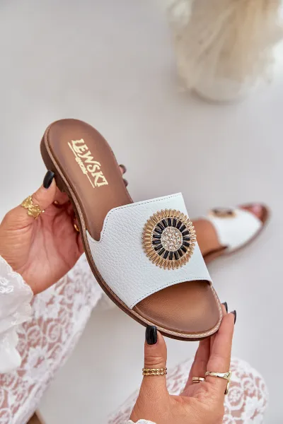 Lewski Shoes Kožené Šľapky S Dekoráciou Na Ploškom Opätku Biele Lewski