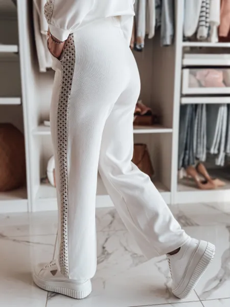 Dámske pruhované nohavice wide leg ecru