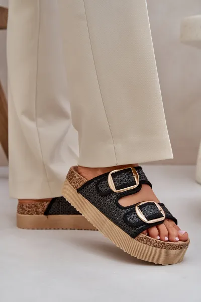 PE1 Sandal s Pletením A Sponami Na Masívnej Platforme Čierne Aralissea