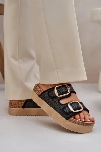 PE1 Sandal s Pletením A Sponami Na Masívnej Platforme Čierne Aralissea
