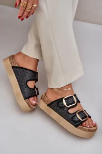 PE1 Sandal s Pletením A Sponami Na Masívnej Platforme Čierne Aralissea