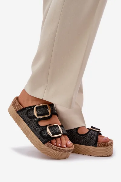 PE1 Sandal s Pletením A Sponami Na Masívnej Platforme Čierne Aralissea