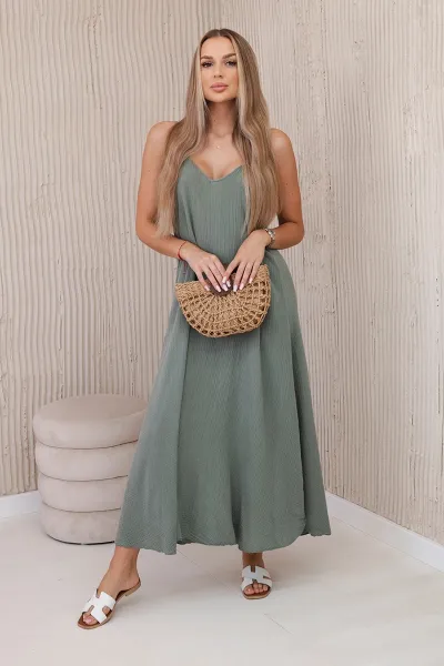 Legínovo Mušelínové šaty na ramienka ružové Farba: Khaki, Veľkosť: UNI