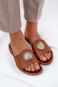 Zazoo 2938 Kožené Sandále S Ploším Opätkom A Dekoráciou Camel