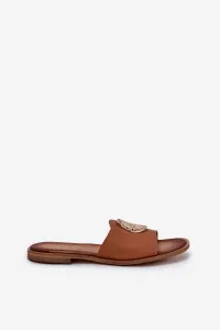 Zazoo 2938 Kožené Sandále S Ploším Opätkom A Dekoráciou Camel