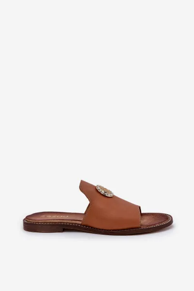 Elegantné Dámske Kožené Pantofle S Dekoráciou Zazoo 3008 Camel