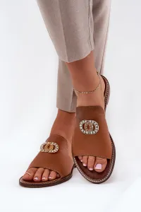 Elegantné Dámske Kožené Pantofle S Dekoráciou Zazoo 3008 Camel