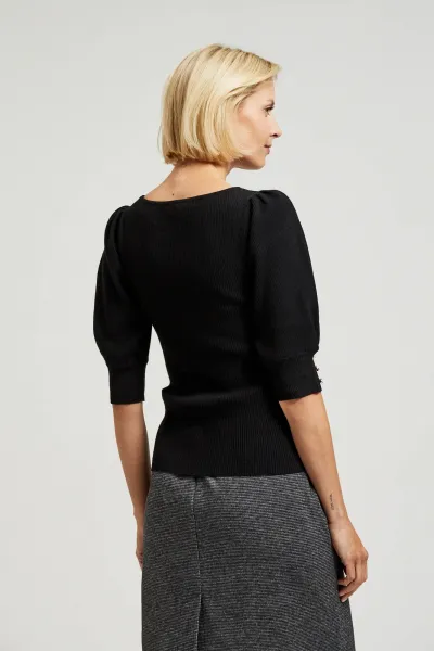Women's ribbed blouse with gathered sleeves MOODO - black