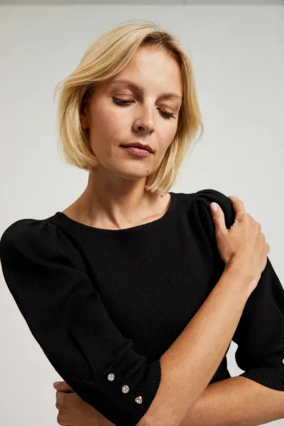 Women's ribbed blouse with gathered sleeves MOODO - black