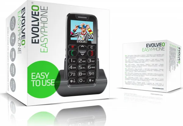 EVOLVEO EasyPhone, mobilní telefon pro seniory s nabíjecím stojánkem, černá