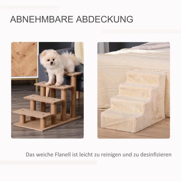 PawHut Schůdky pro psy s plyšovým potahem, čtyřstupňové, béžové