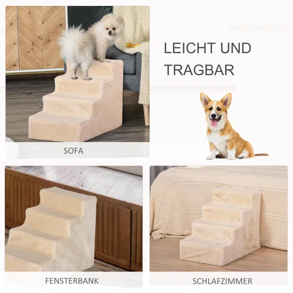 PawHut Schůdky pro psy s plyšovým potahem, čtyřstupňové, béžové