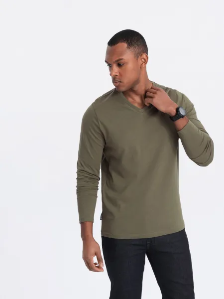 Pánske tričko s dlhým rukávom OMBRE Longsleeve OM-LSBL-0108 V-2 dark olive