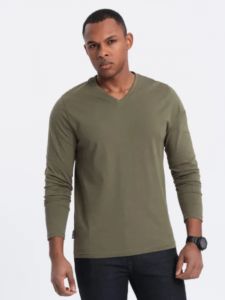 Pánske tričko s dlhým rukávom OMBRE Longsleeve OM-LSBL-0108 V-2 dark olive