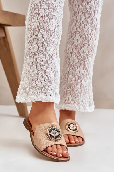 Lewski Shoes Kožené Papuče S Dekoráciou Na Plochéj Päte Béžové Lewski