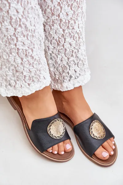 Lewski Shoes Kožené Šľapky S Dekoráciou Na Plochom Opätku Zazoo