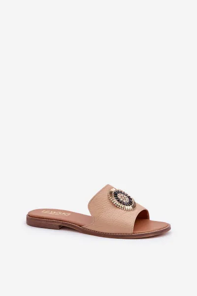 Lewski Shoes Kožené Papuče S Dekoráciou Na Plochéj Päte Béžové Lewski