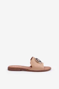 Lewski Shoes Kožené Papuče S Dekoráciou Na Plochéj Päte Béžové Lewski