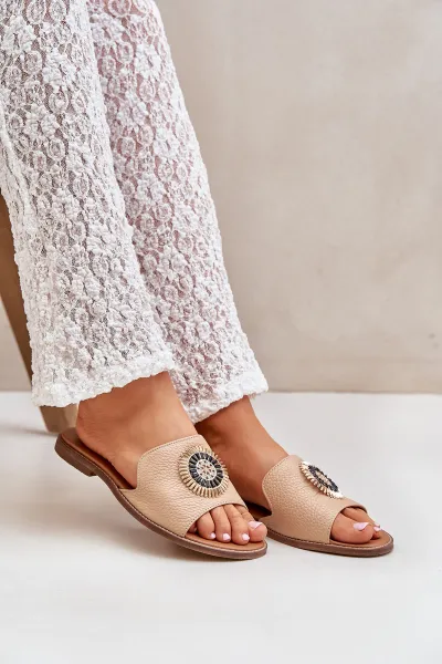 Lewski Shoes Kožené Papuče S Dekoráciou Na Plochéj Päte Béžové Lewski